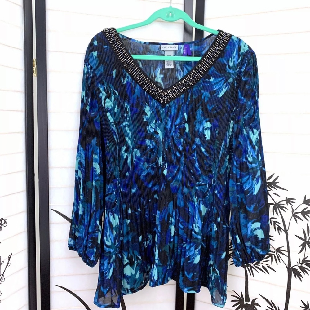 Catherines Womens Top Sz 2X Petite Semi Sheer Blue Embellished VNeck Tunic 22/24